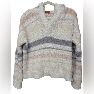 POL White Striped Cozy Soft Knit Oversized V Neck Crop Sweater Hoodie Size Large